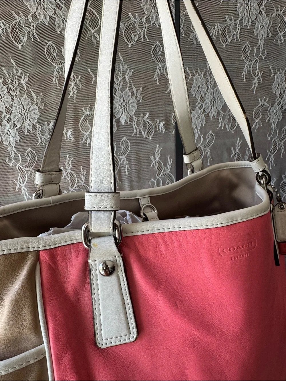 Coach Pink and Tan Leather Tote with White Trim